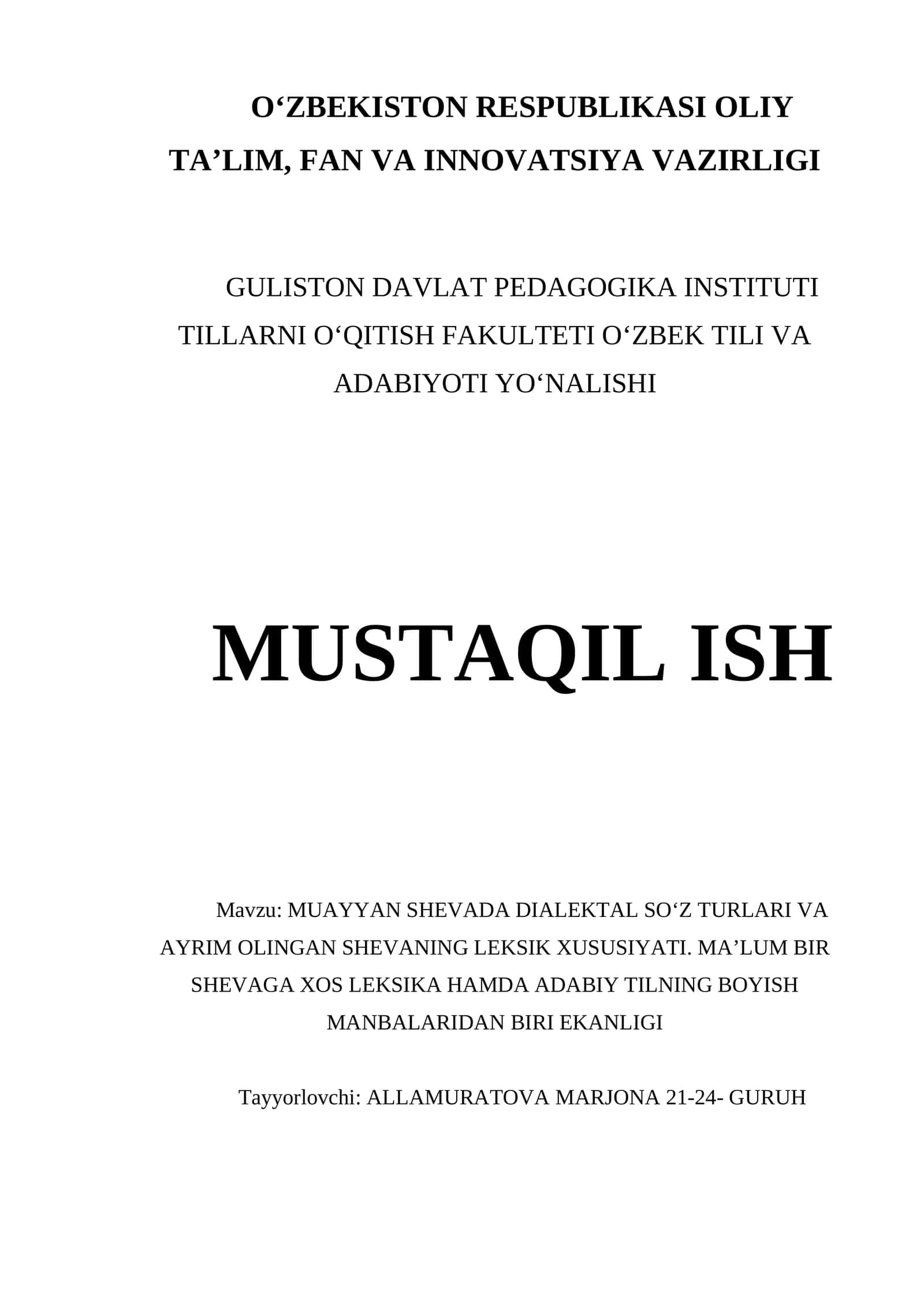 MUAYYAN SHEVADA DIALEKTAL SOʻZ TURLARI VA AYRIM OLINGAN SHEVANING LEKSIK XUSUSIYATI 1