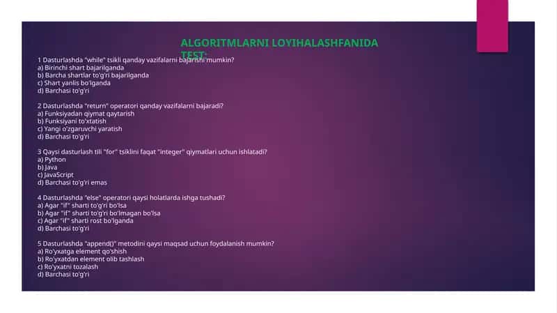 Algoritmlarni loyihalash fanidan test 1