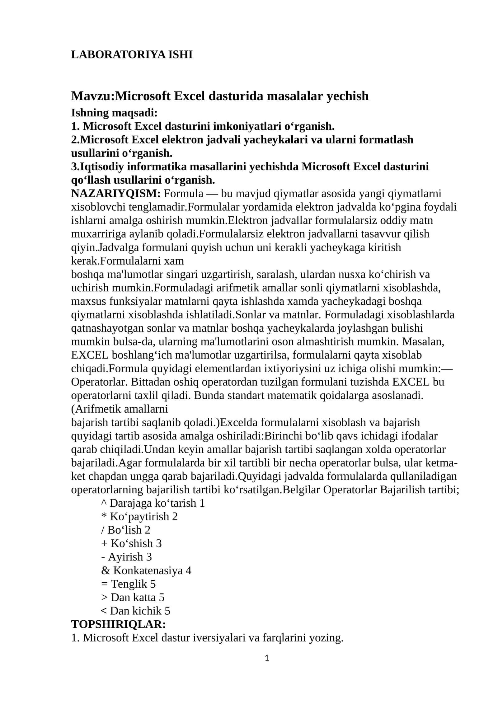Microsoft Excel dasturida masalalar yechish 1