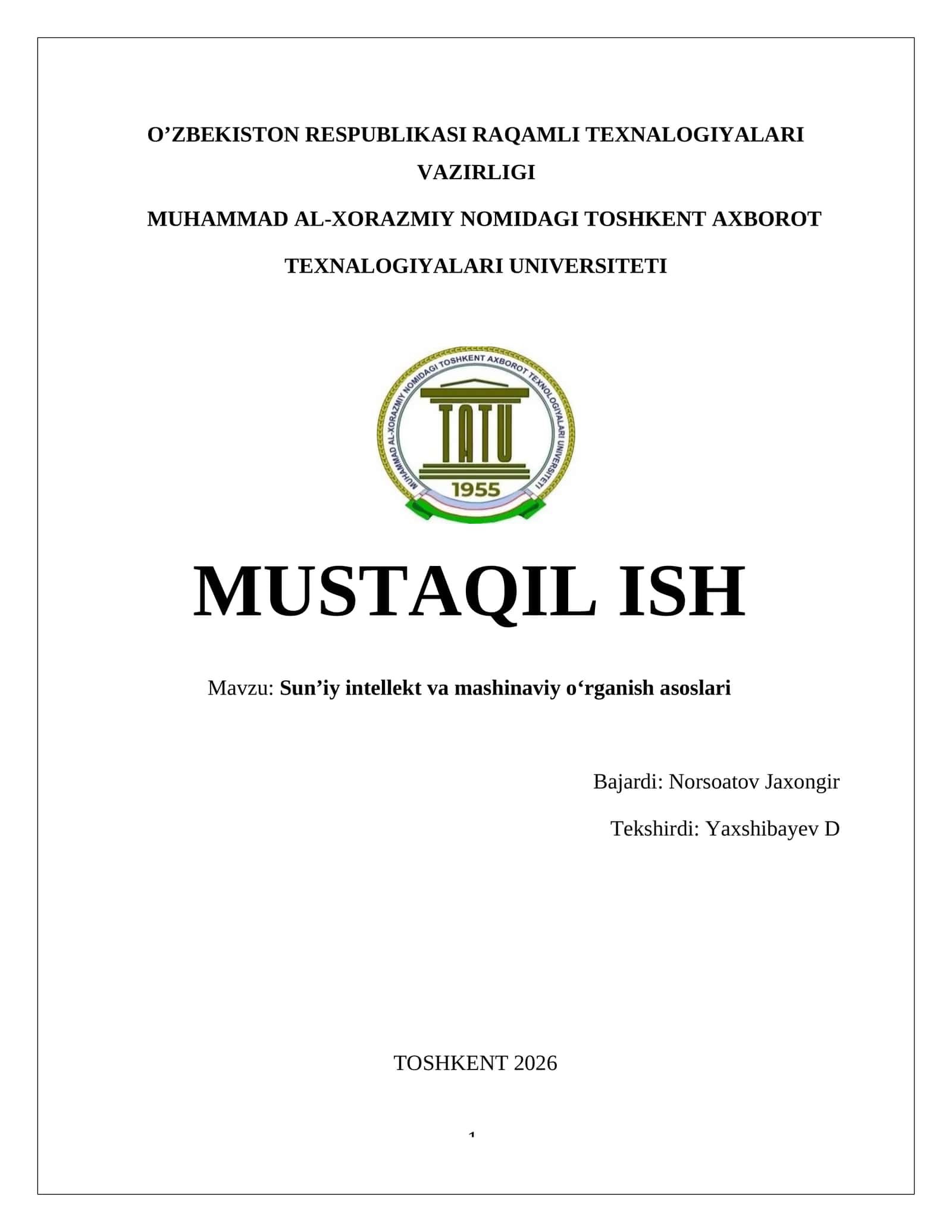Sun’iy intellekt va mashinaviy o‘rganish asoslari 1