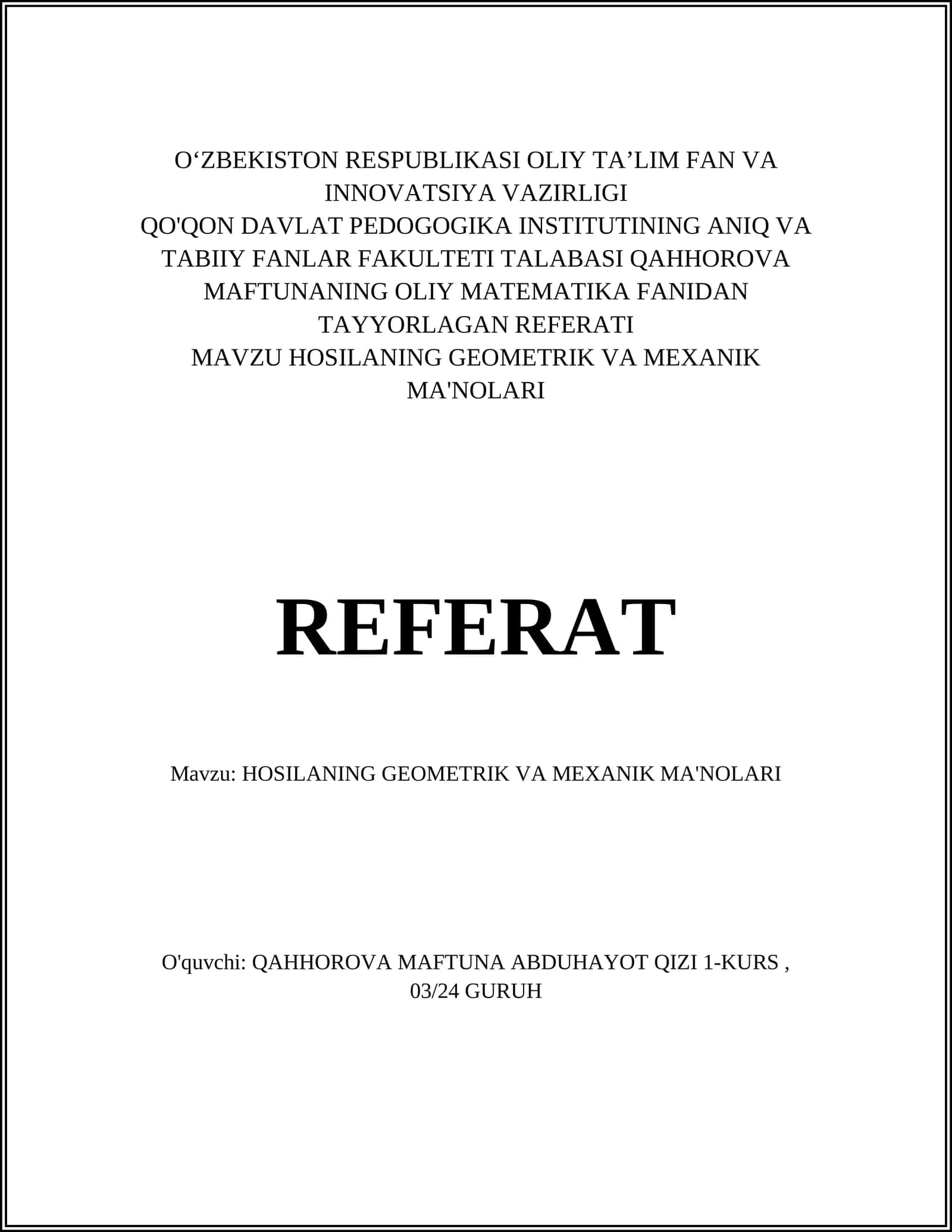 HOSILANING GEOMETRIK VA MEXANIK MA'NOLARI 1