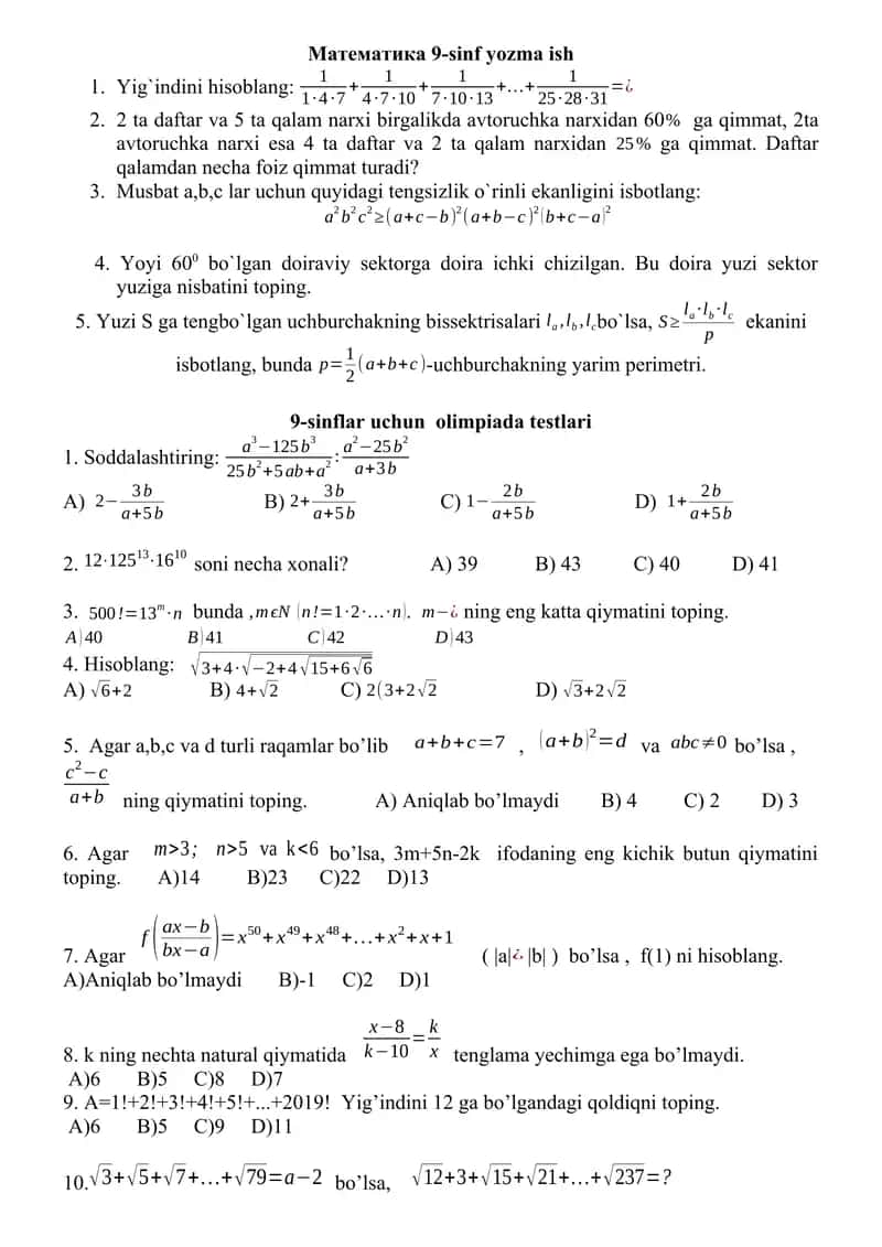 Matematikadan Olimpiada savollari 1