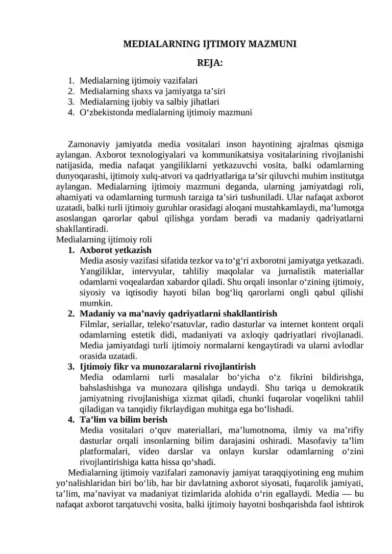 MEDIALARNING IJTIMOIY MAZMUNI