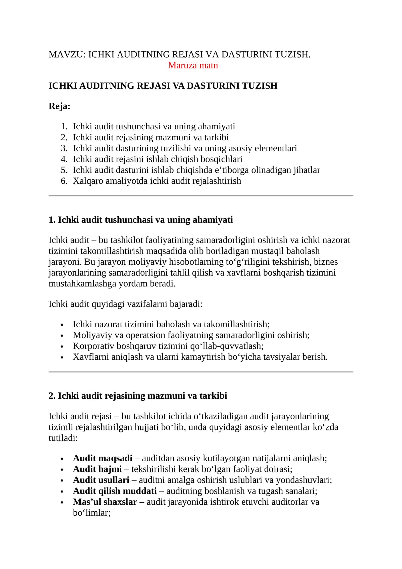 ICHKI AUDITNING REJASI VA DASTURINI TUZISH 1