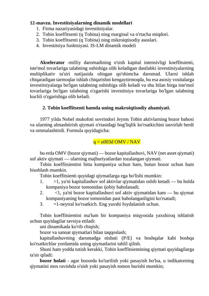 Investitsiyalarning dinamik modellari 1