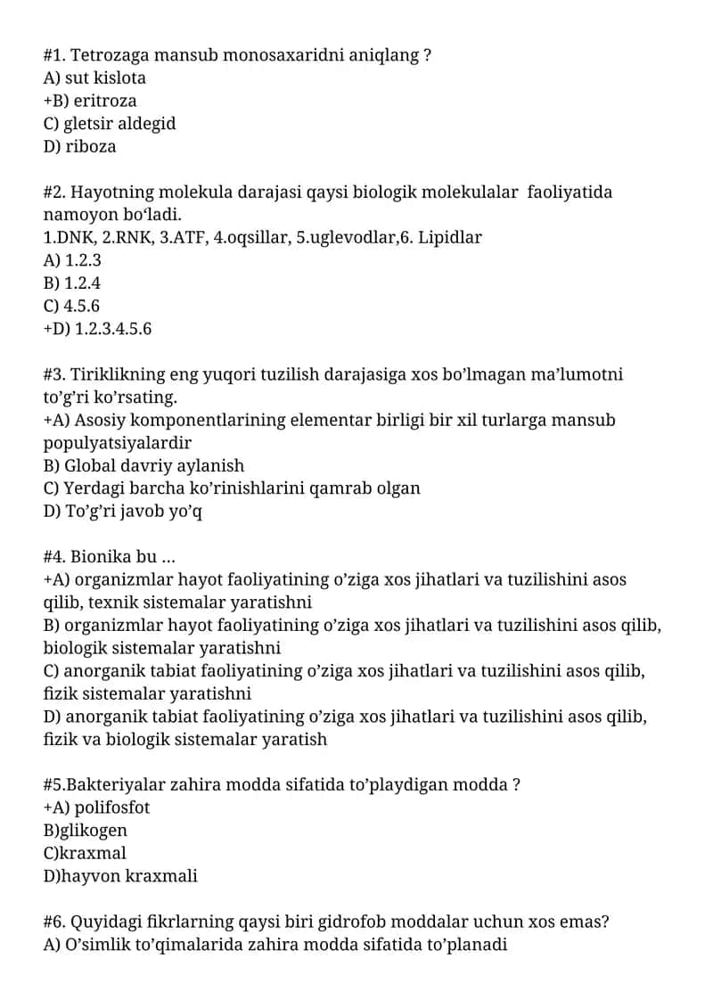 Biologiyadan test savollari 1