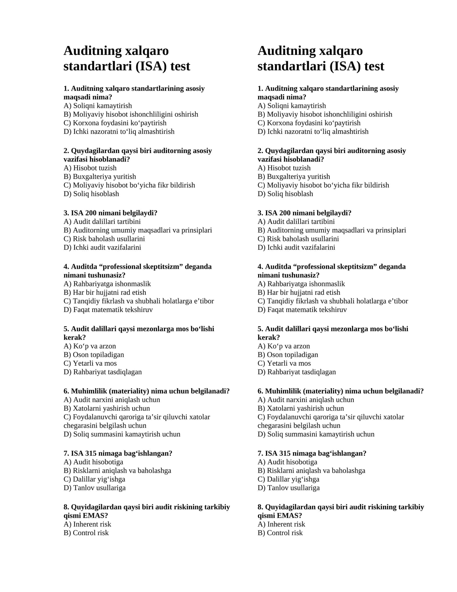 Auditning xalqaro standartlari bo'yicha tayyor test (o'zbek tilida) 1