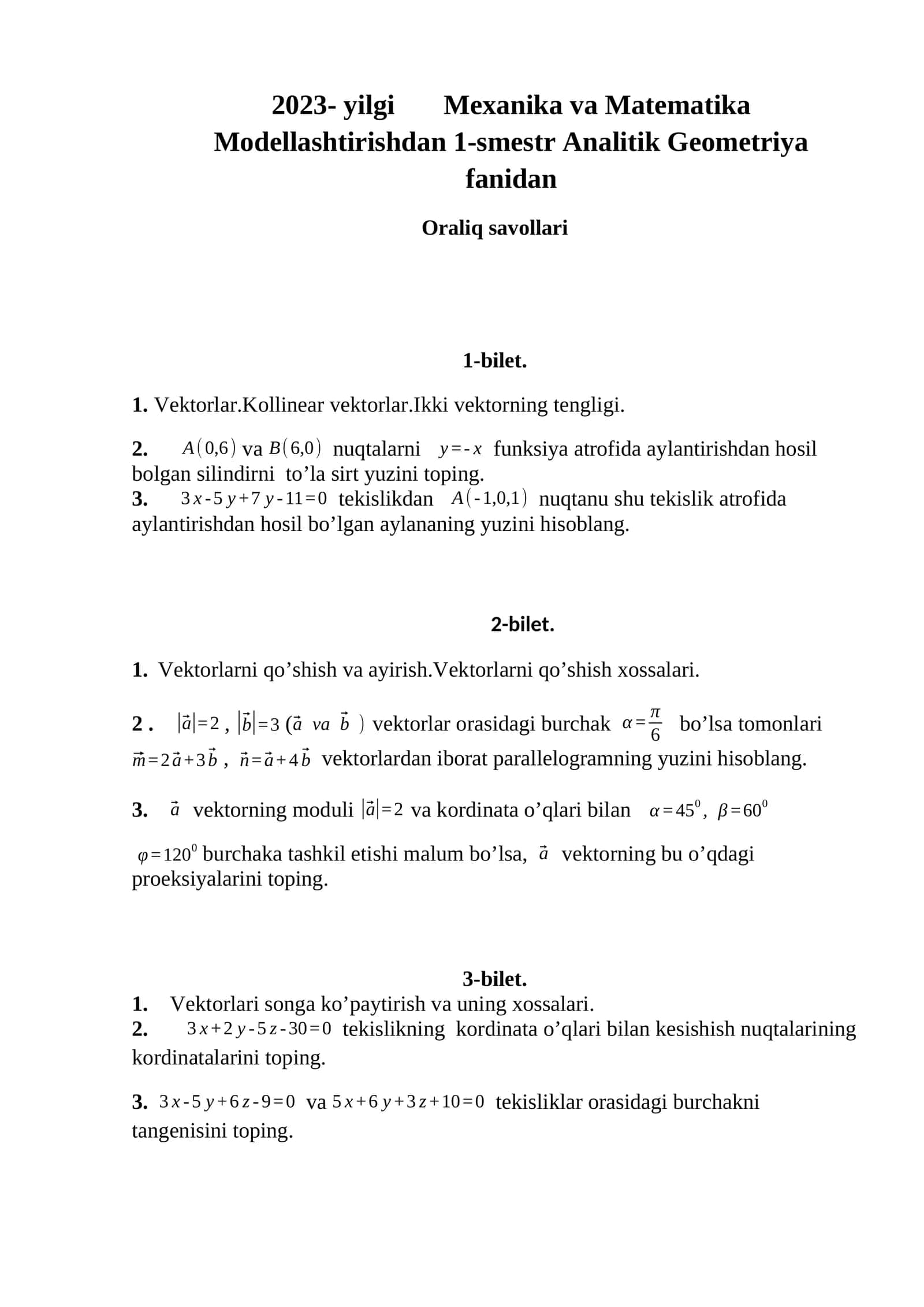 Mexanika va Matematika Modellashtirishdan 1-smestr Analitik Geometriya 1