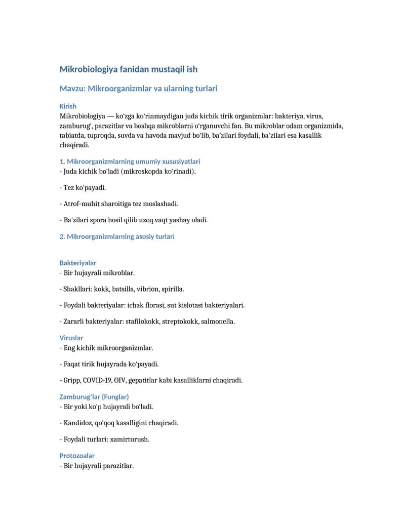 Mikrobiologiya fanidan mustaqil ish 1