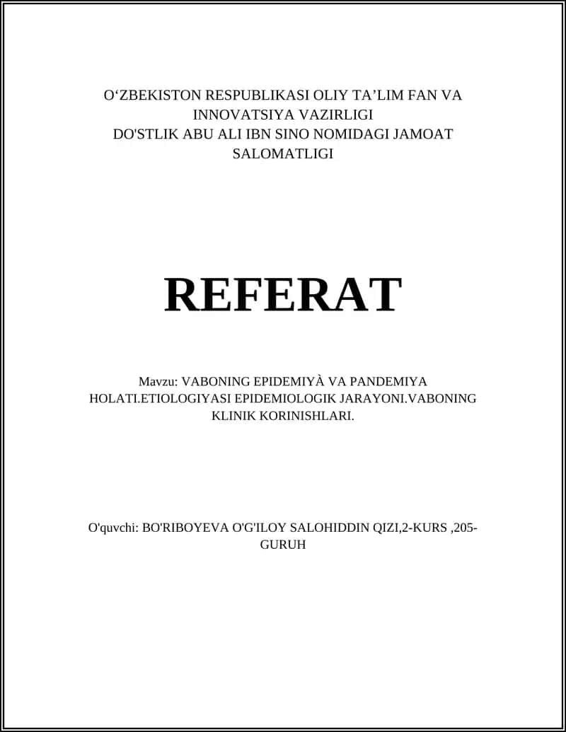 VABONING EPIDEMIYÀ VA PANDEMIYA HOLATI.ETIOLOGIYASI EPIDEMIOLOGIK JARAYONI.VABONING KLINIK KORINISHLARI 1