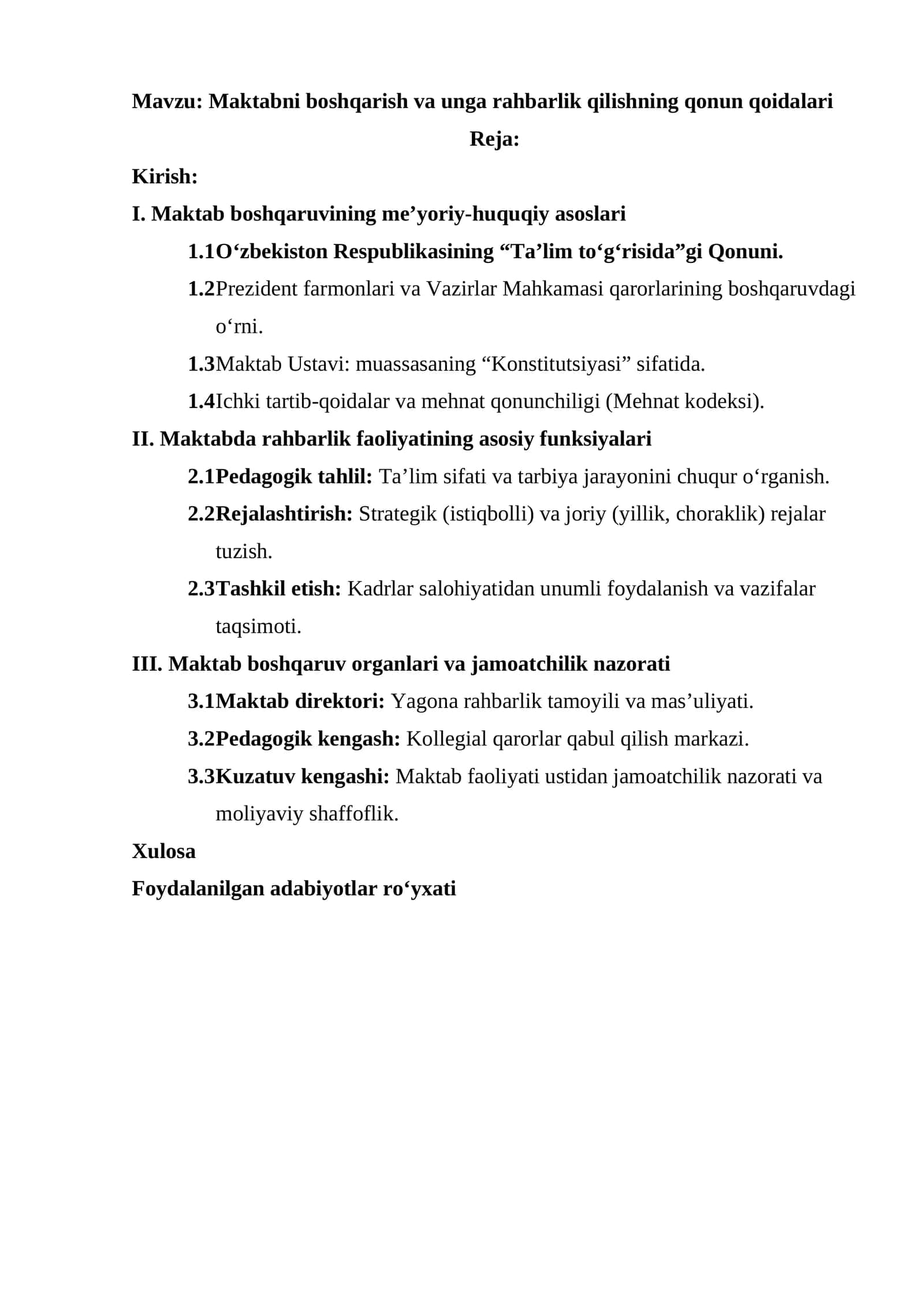 Maktabni boshqarish va unga rahbarlik qilishning qonun qoidalari 1