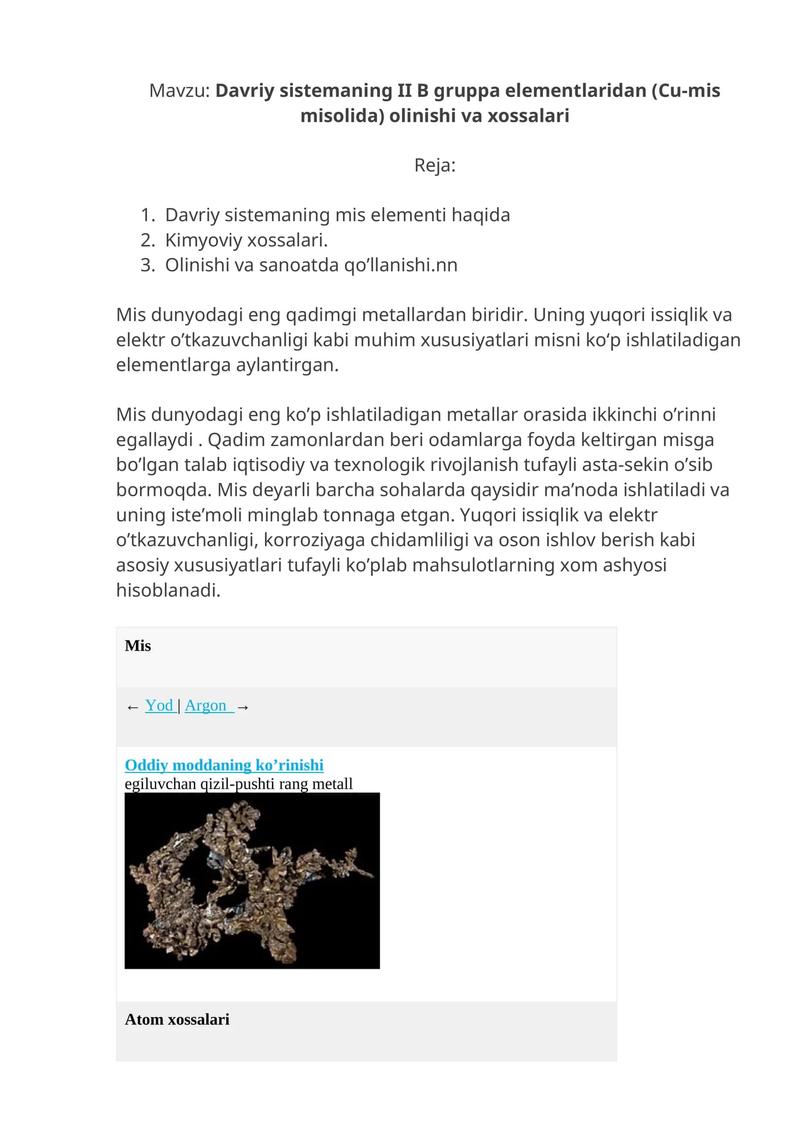 Davriy sistemaning II B gruppa elementlaridan (Cu-mis misolida) olinishi va xossalari 1