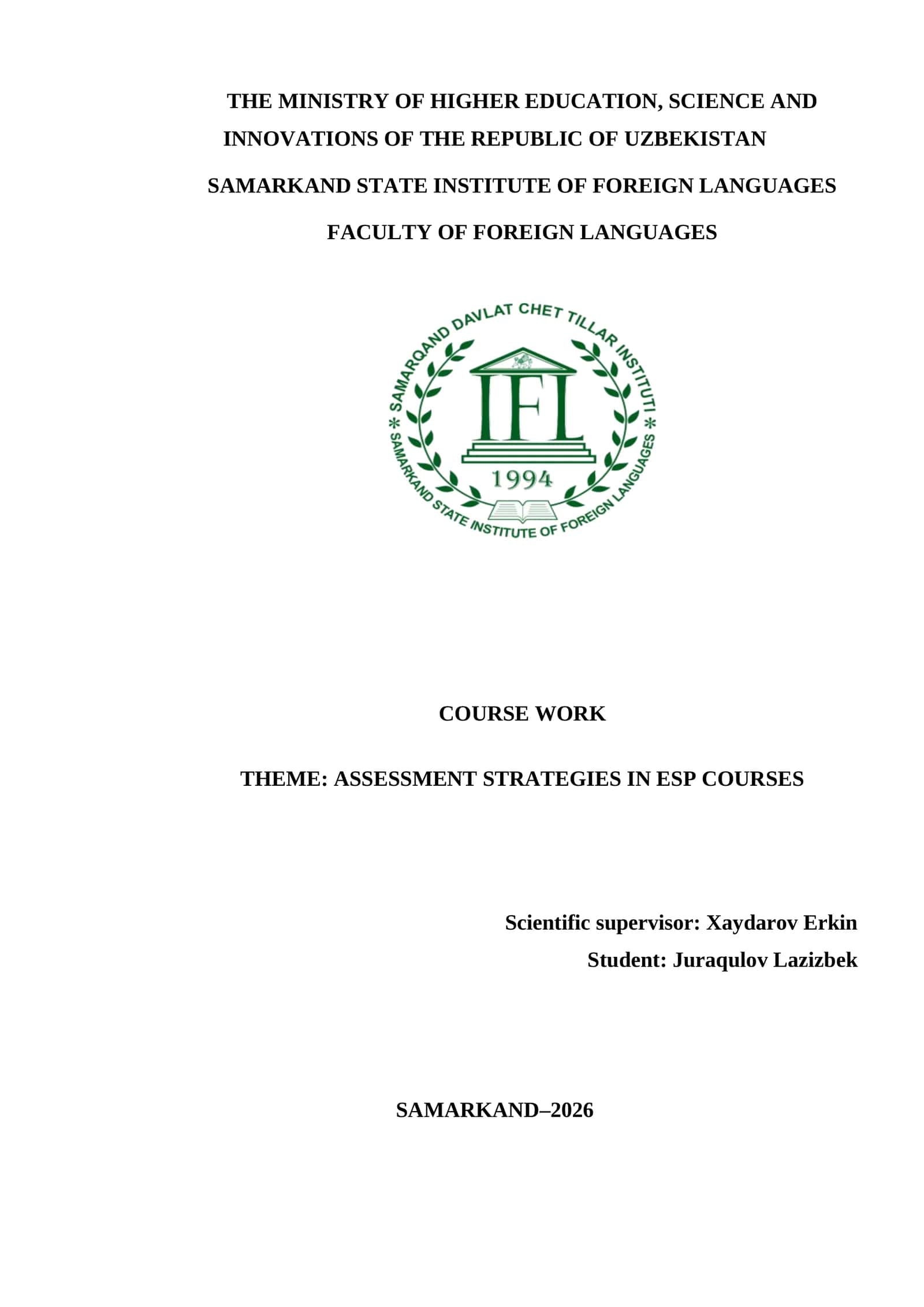COURSE WORK THEME: ASSESSMENT STRATEGIES IN ESP COURSES 1