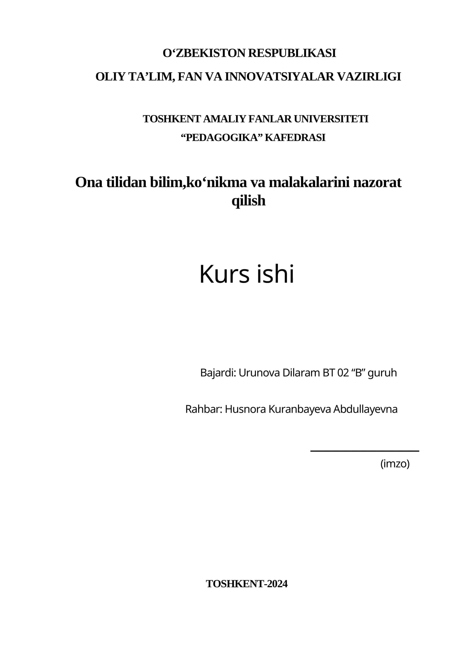 Ona tilidan bilim,koʻnikma va malakalarini nazorat
qilish 1