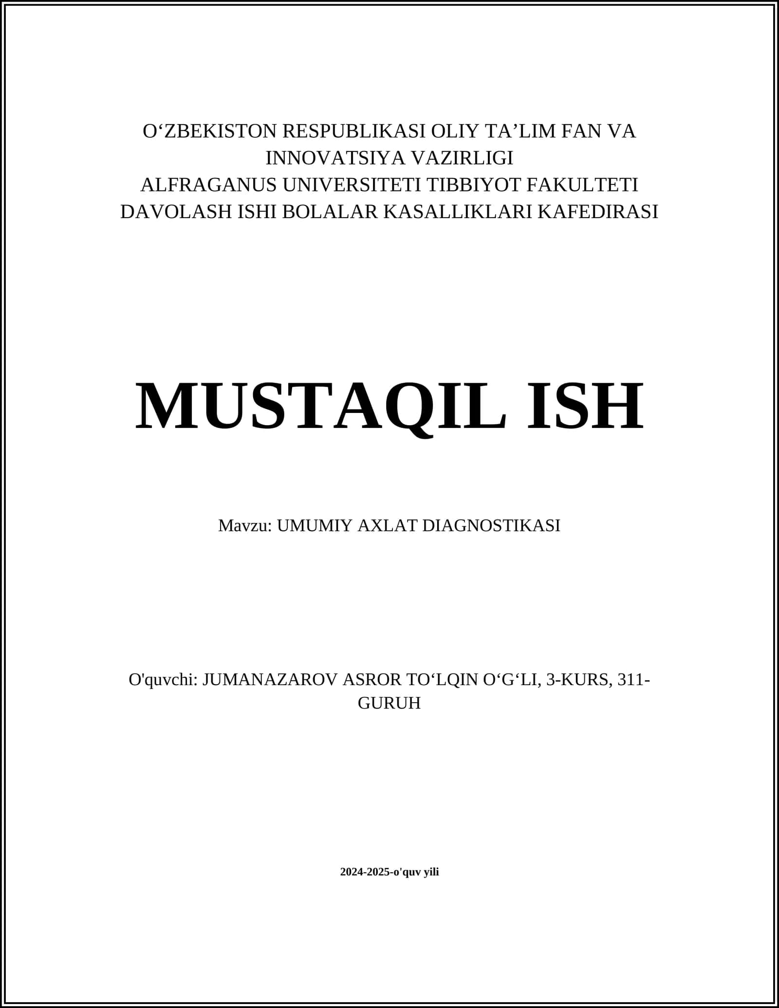 UMUMIY AXLAT DIAGNOSTIKASI 1