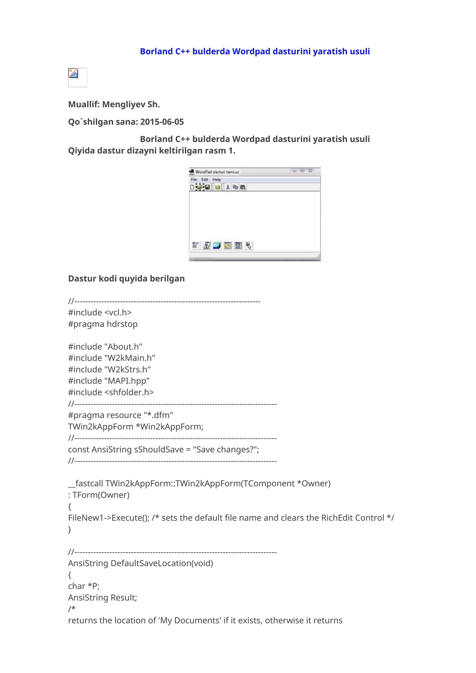 Borland C++ bulderda Wordpad dasturini yaratish usuli 1