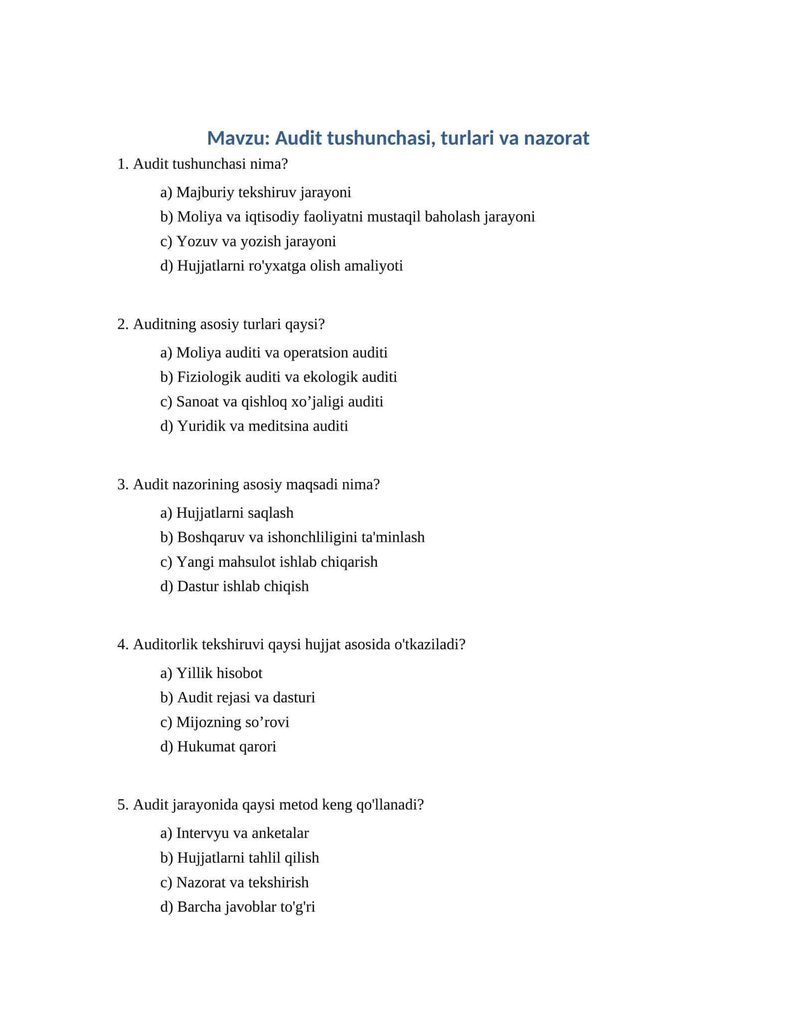 Audit tushunchasi, turlari va nazorat 1