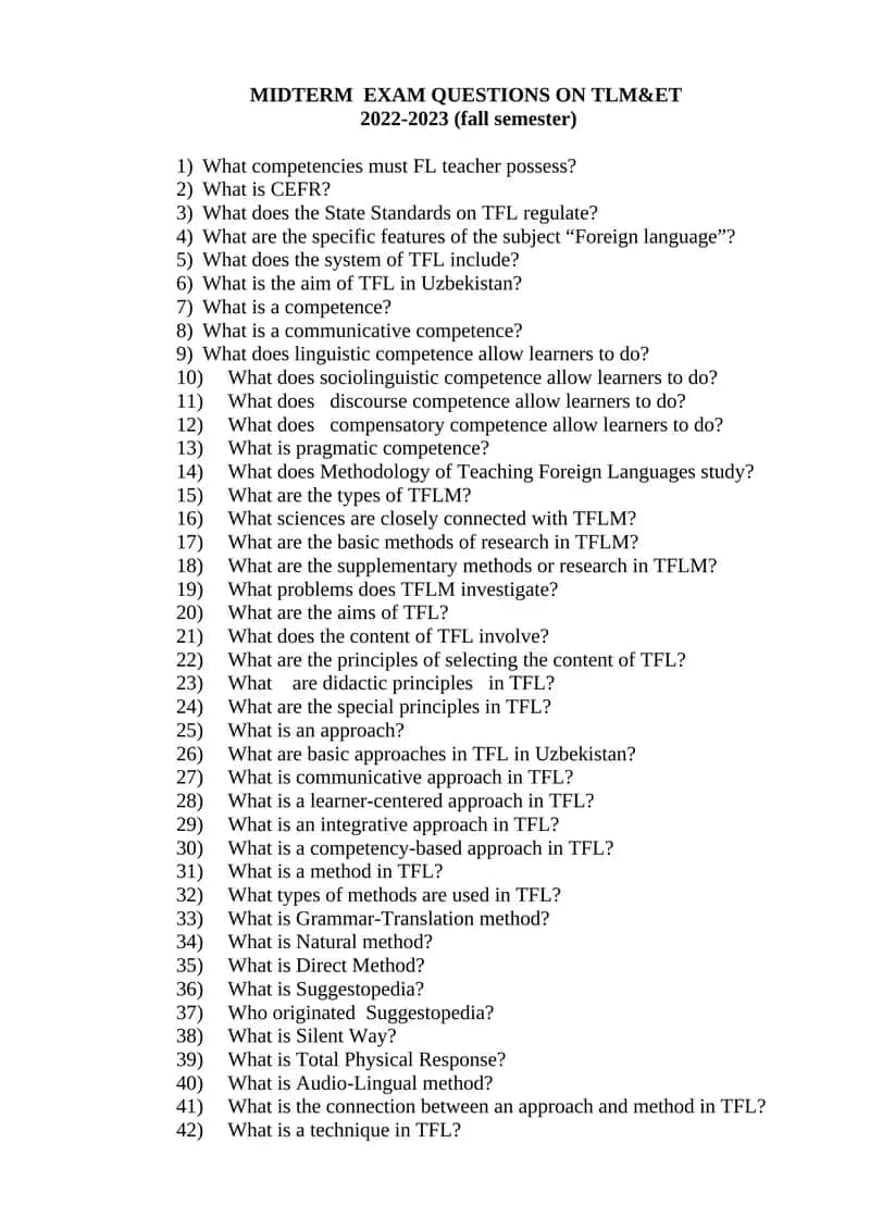 MIDTERM EXAM QUESTIONS ON TLM&ET 1