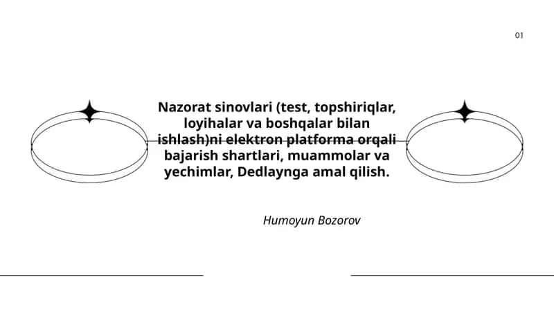 Nazorat sinovlari (test, topshiriqlar, loyihalar va boshqalar bilan ishlash) 1