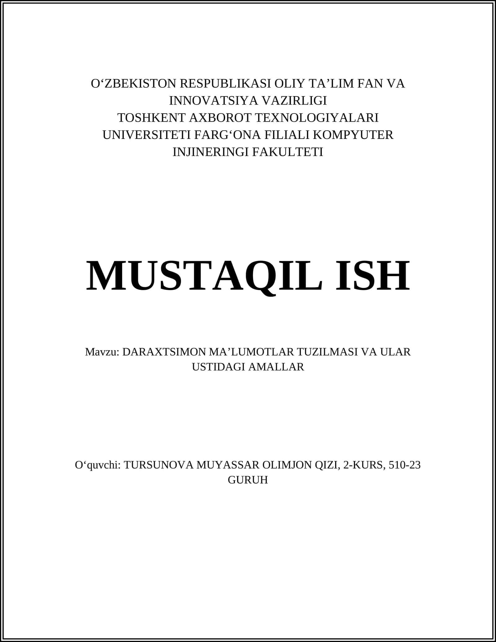 DARAXTSIMON MA’LUMOTLAR TUZILMASI VA ULAR USTIDAGI AMALLAR 1