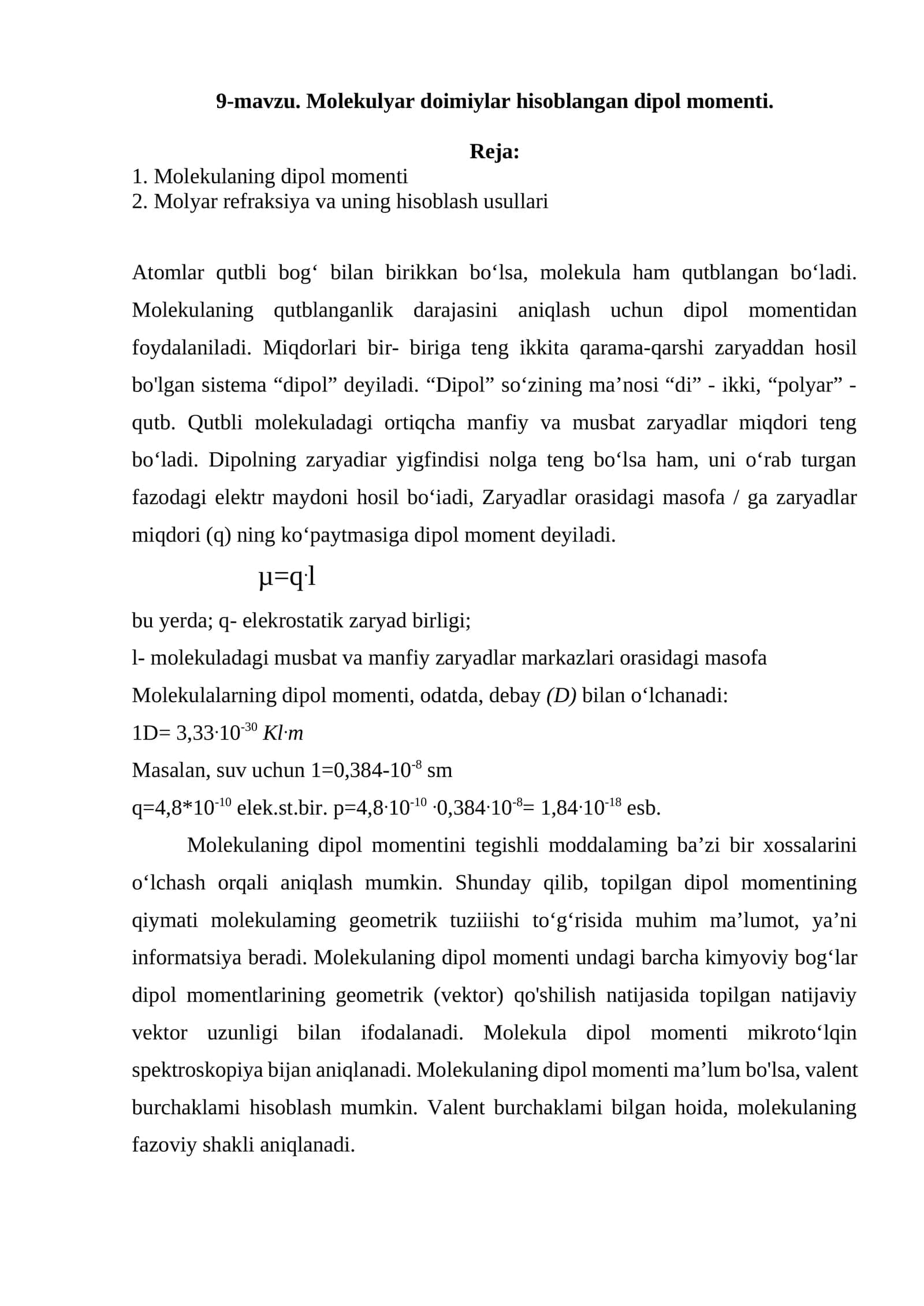 9-mavzu. Molekulyar doimiylar hisoblangan dipol momenti 1