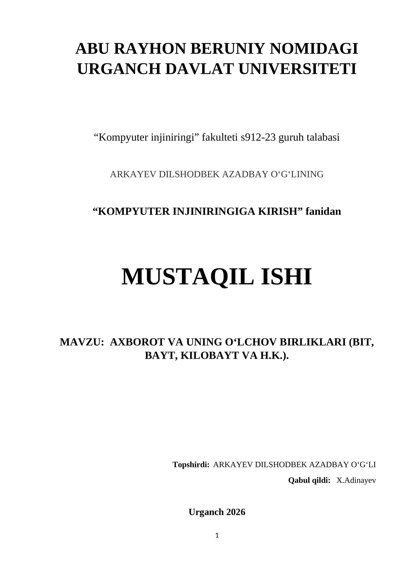 KOMPYUTER INJINIRINGIGA KIRISH 1