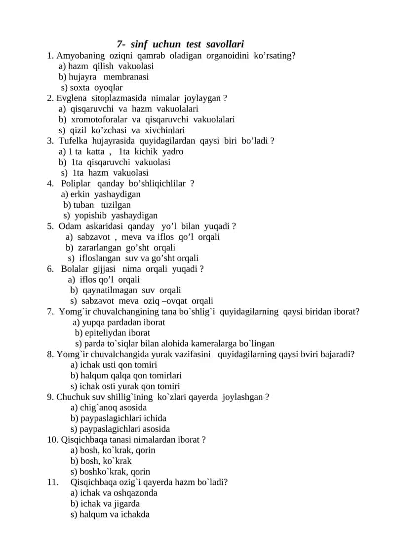 7- sinf uchun test savollari 1