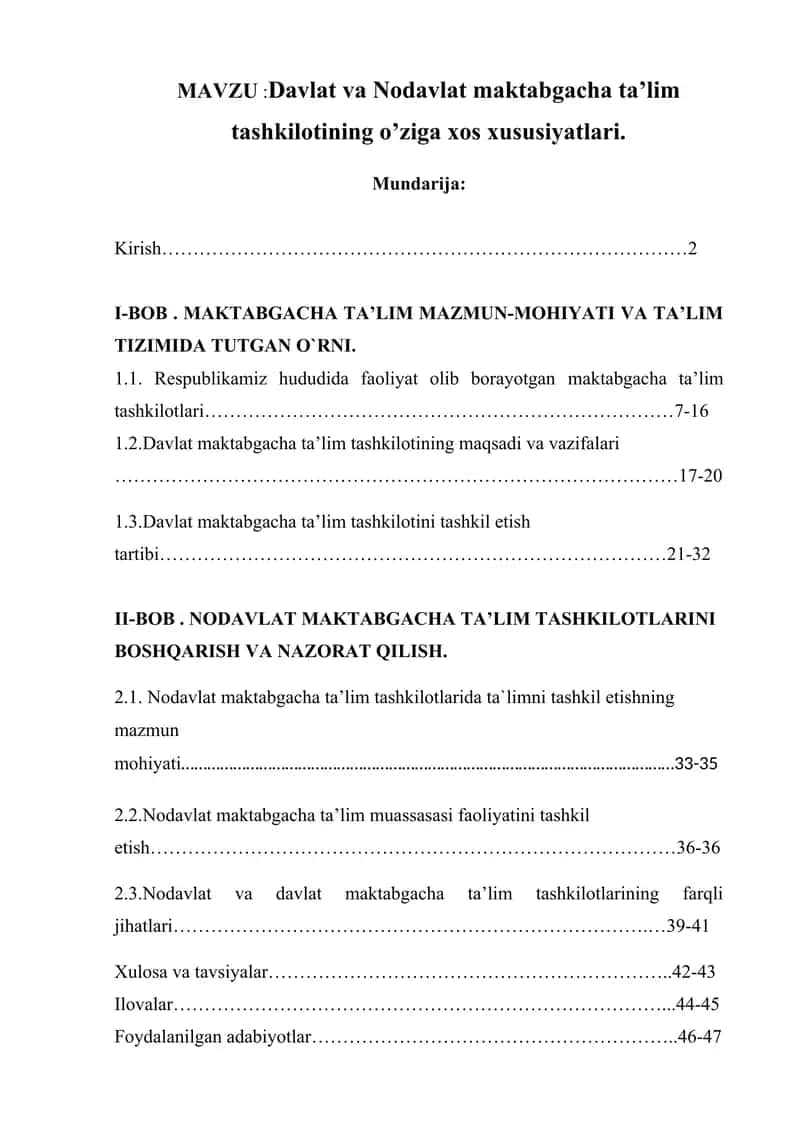 Davlat va Nodavlat maktabgacha ta’lim tashkilotining o’ziga xos xususiyatlar 1