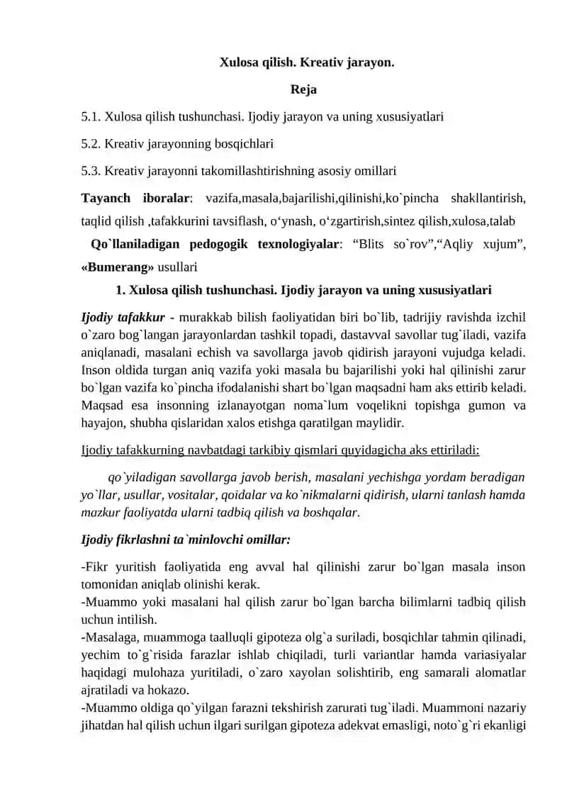 Xulosa qilish Kreativ jarayon