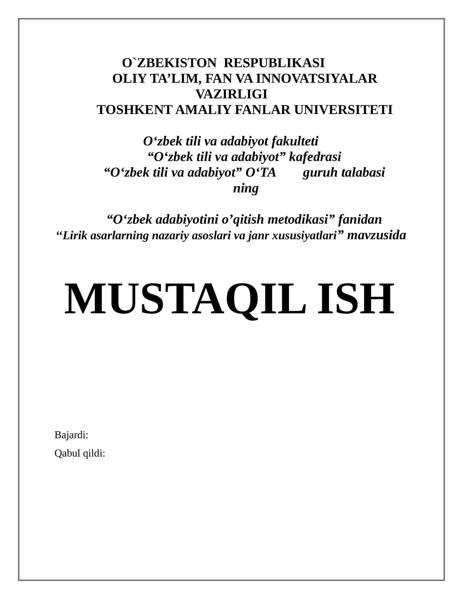 Lirik asarlarning nazariy asoslari va janr xususiyatlari 1