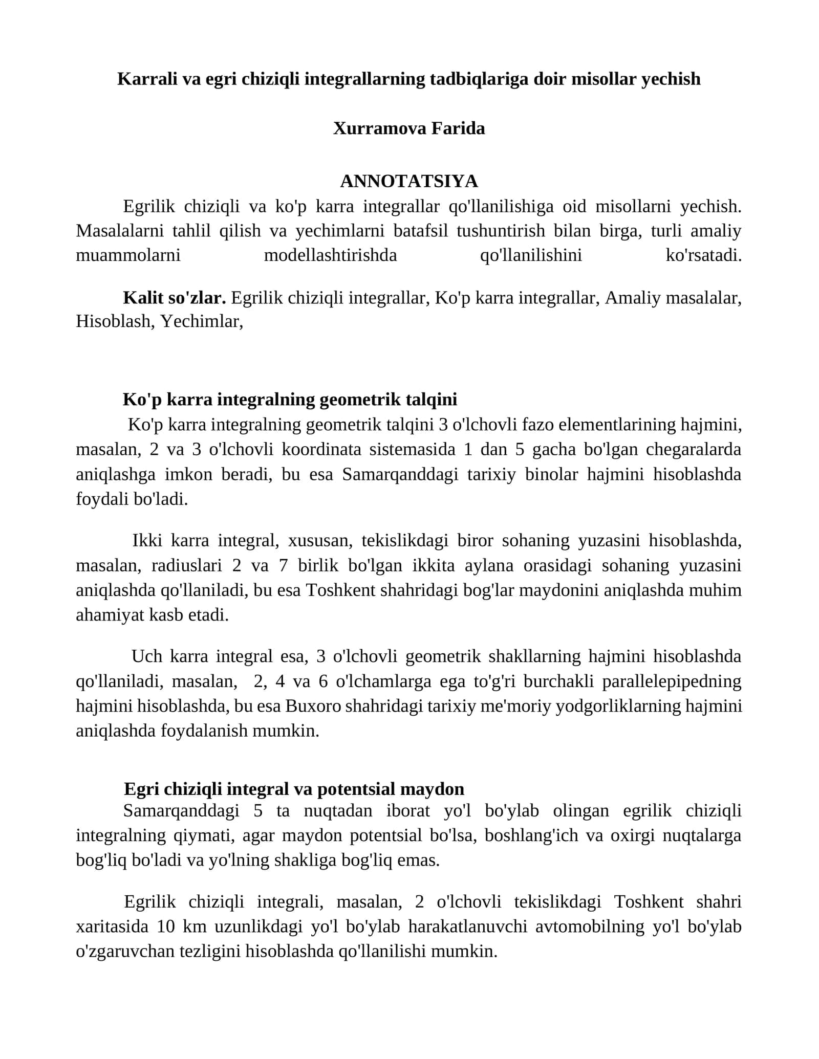Ko'p karra integralning geometrik talqini 1