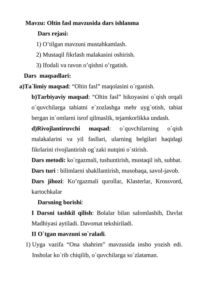 Oltin fasl mavzusida dars ishlanma 1