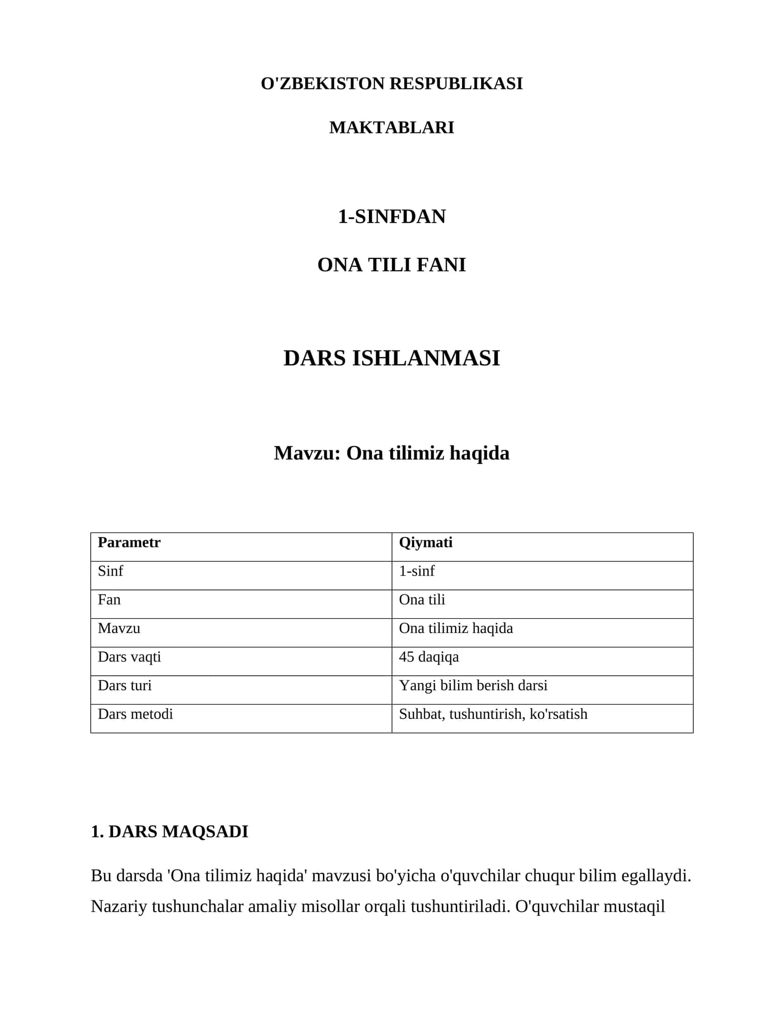 Ona Tili Fan Dars Ishlanmasi 1