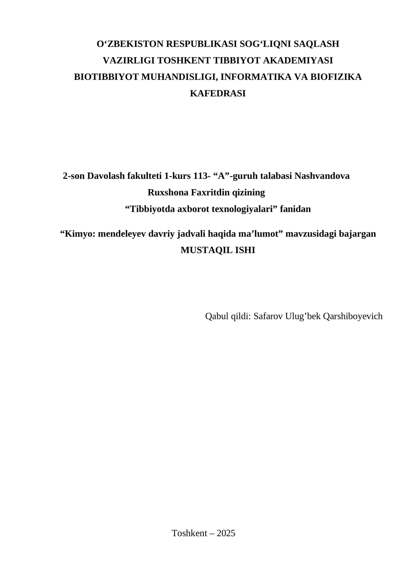 Kimyo: mendeleyev davriy jadvali haqida maʼlumot 1
