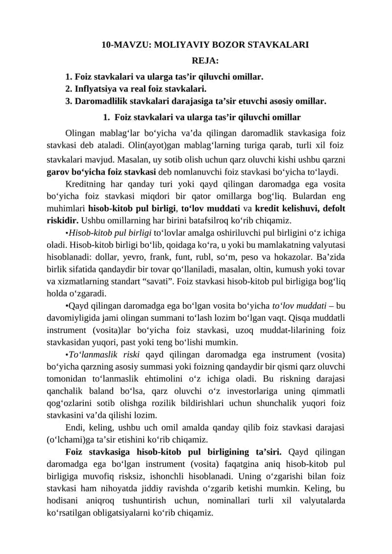 Foiz Stavkalari va Ularga Tas’ir Qiluvchi Omillar 1
