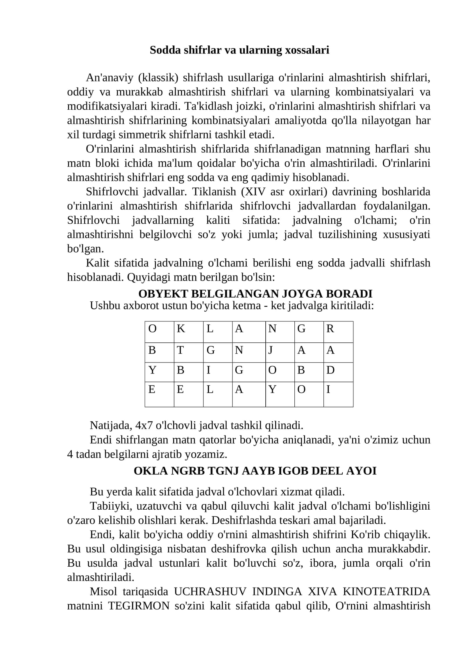 Sodda shifrlar va ularning xossalari 1