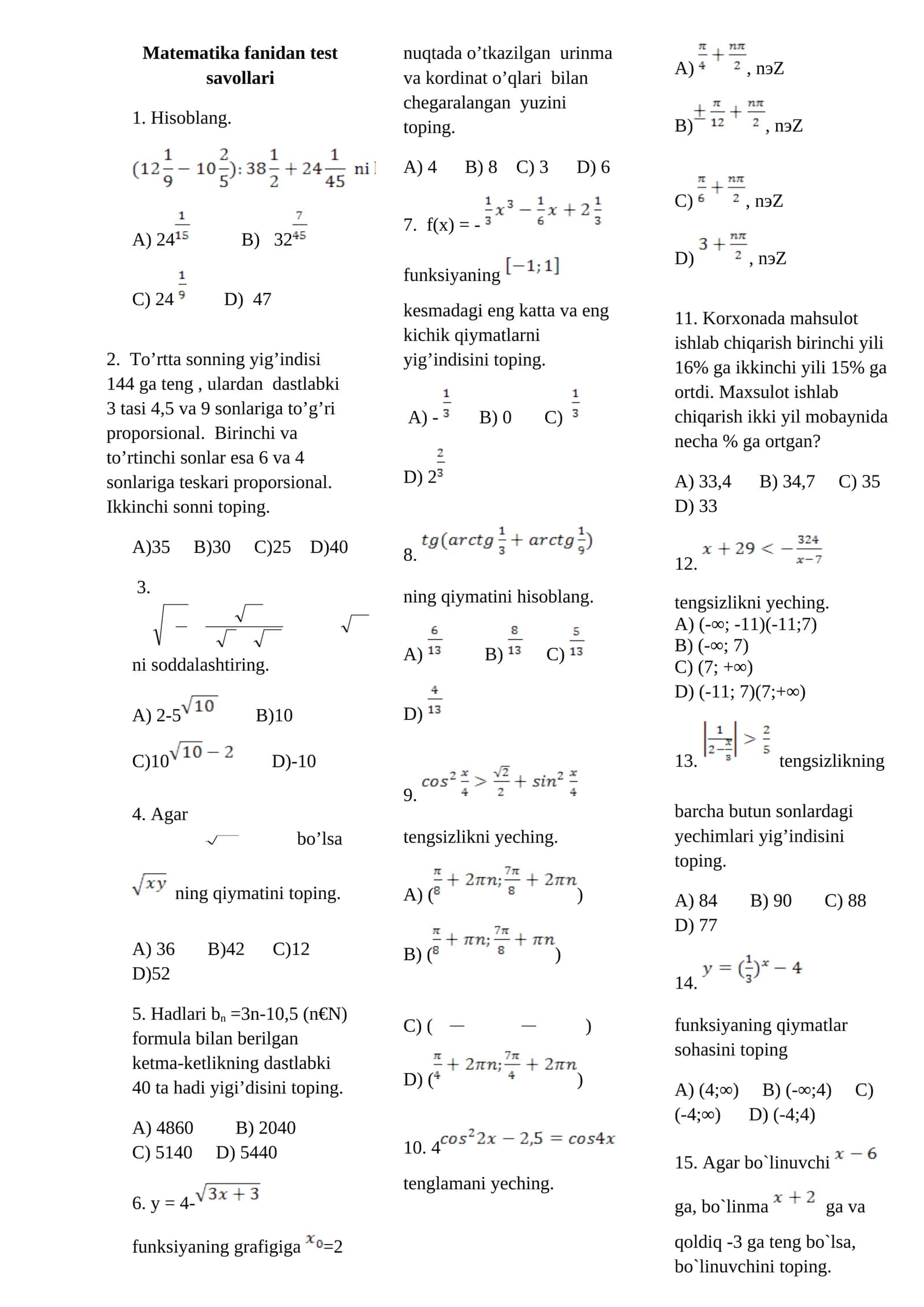 Matematika fanidan test savollari 1