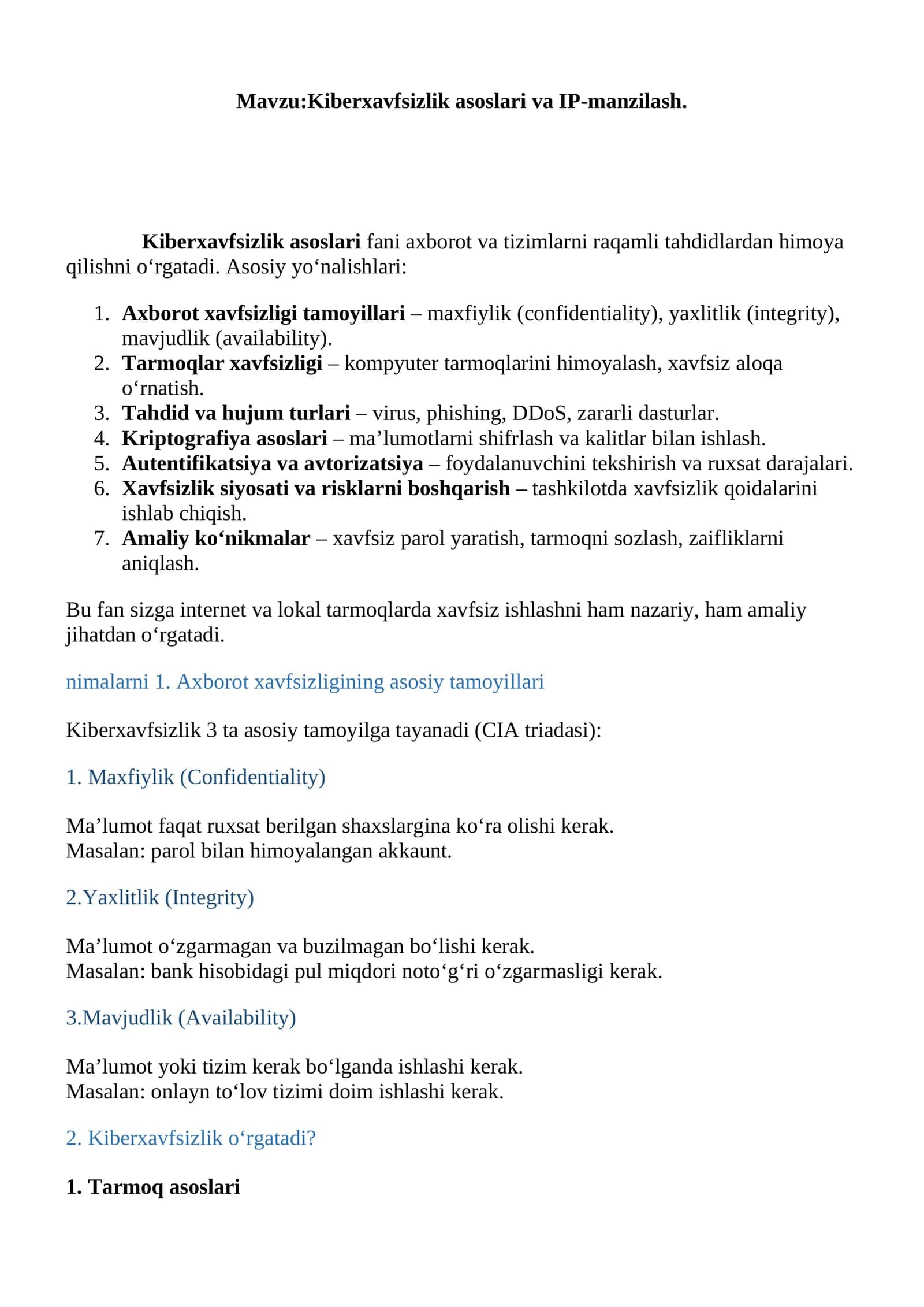 Kiberxavfsizlik asoslari va IP-manzilash 1