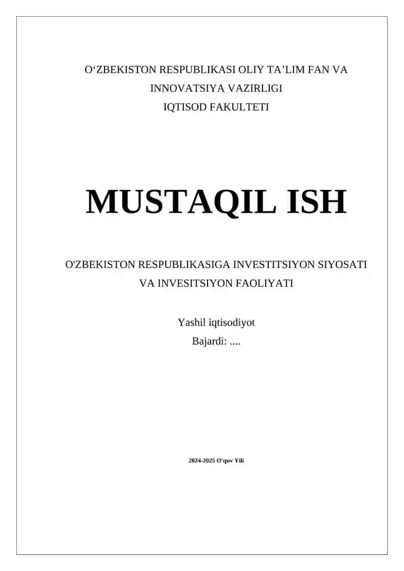 O'zbekistonda investitsiyalar va investitsion faoliyat