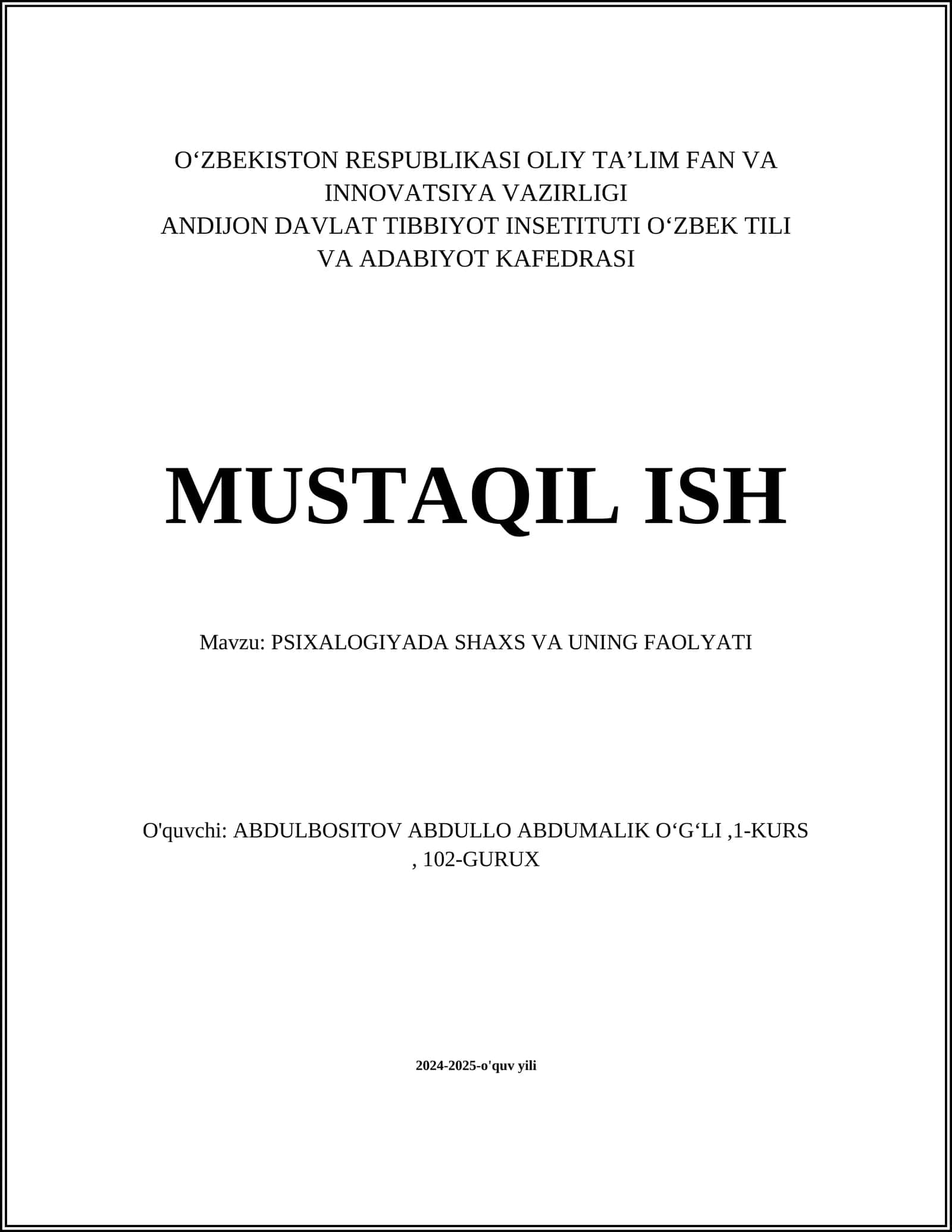 PSIXALOGIYADA SHAXS VA UNING FAOLYATI 1