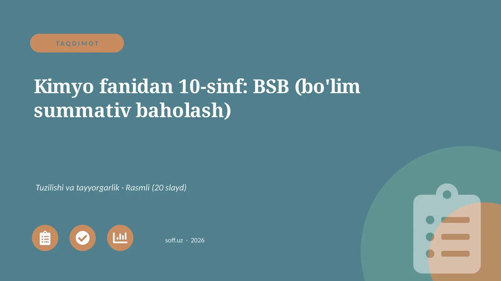 Kimyo fanidan 10-sinf: BSB (bo'lim summativ baholash) 1