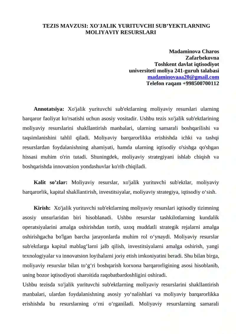 XO'JALIK YURITUVCHI SUBʼYEKTLARNING MOLIYAVIY RESURSLARI