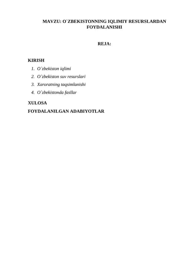 O`ZBEKISTONNING IQLIMIY RESURSLARDAN FOYDALANISHI