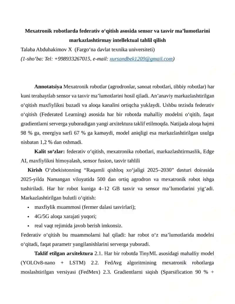 Federativ o‘qitish asosida Mexatronik robotlarda sensor va tasvir ma’lumotlarini intellektual tahlil qilish