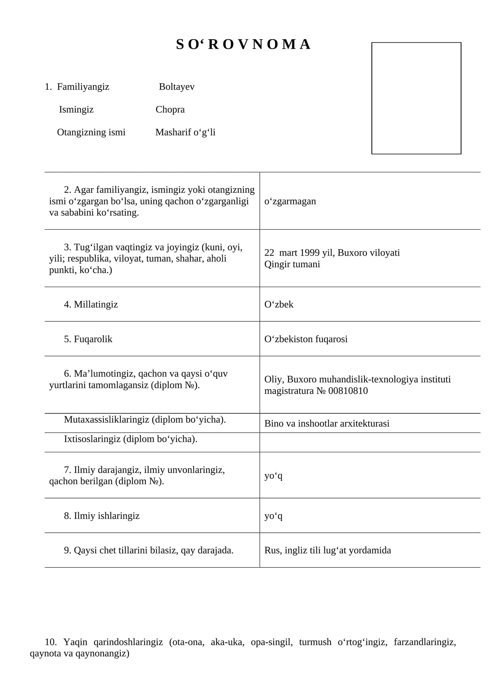 So‘rovnoma Namuna — Ishga Kirish Uchun To‘ldirishga Tayyor So‘rovnoma Shakli.doc 1