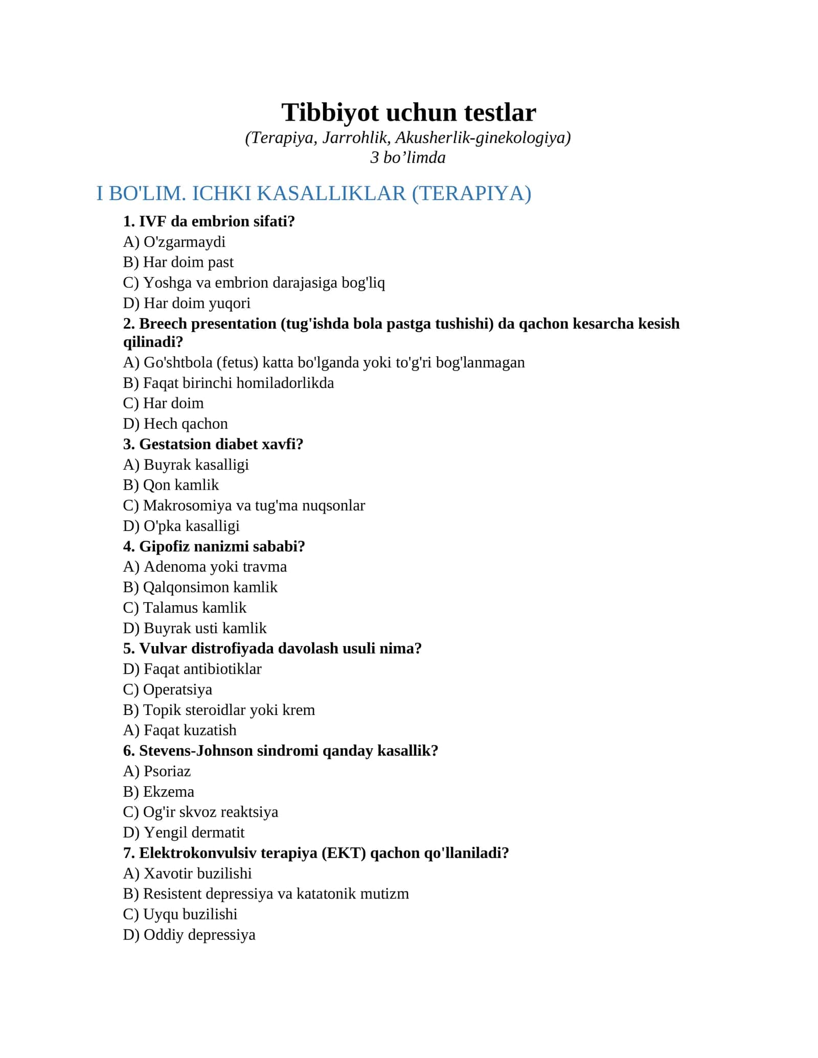 Tibbiyot uchun testlar 1