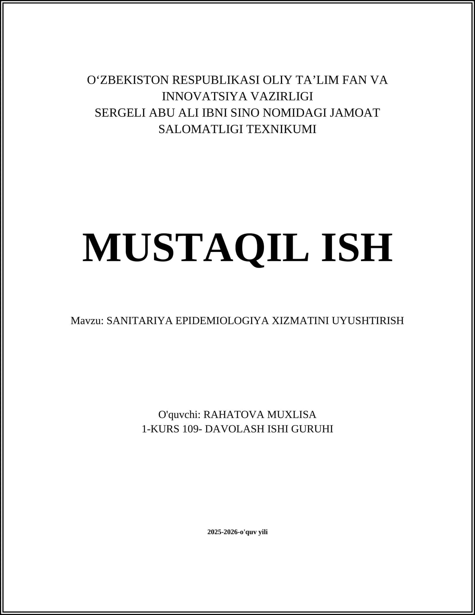 SANITARIYA EPIDEMIOLOGIYA XIZMATINI UYUSHTIRISH 1