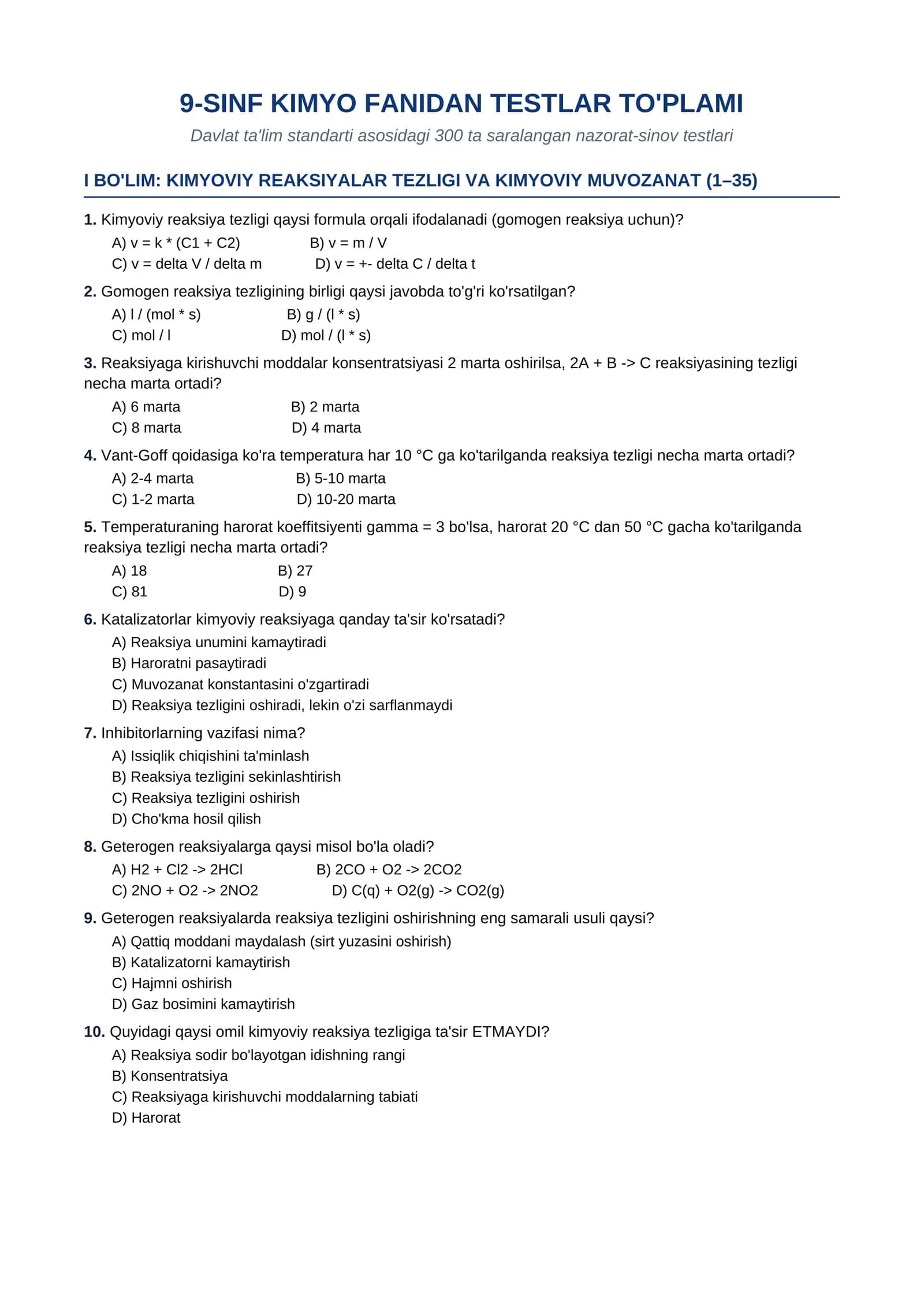 9-SINF KIMYO FANIDAN TESTLAR TO'PLAMI 1