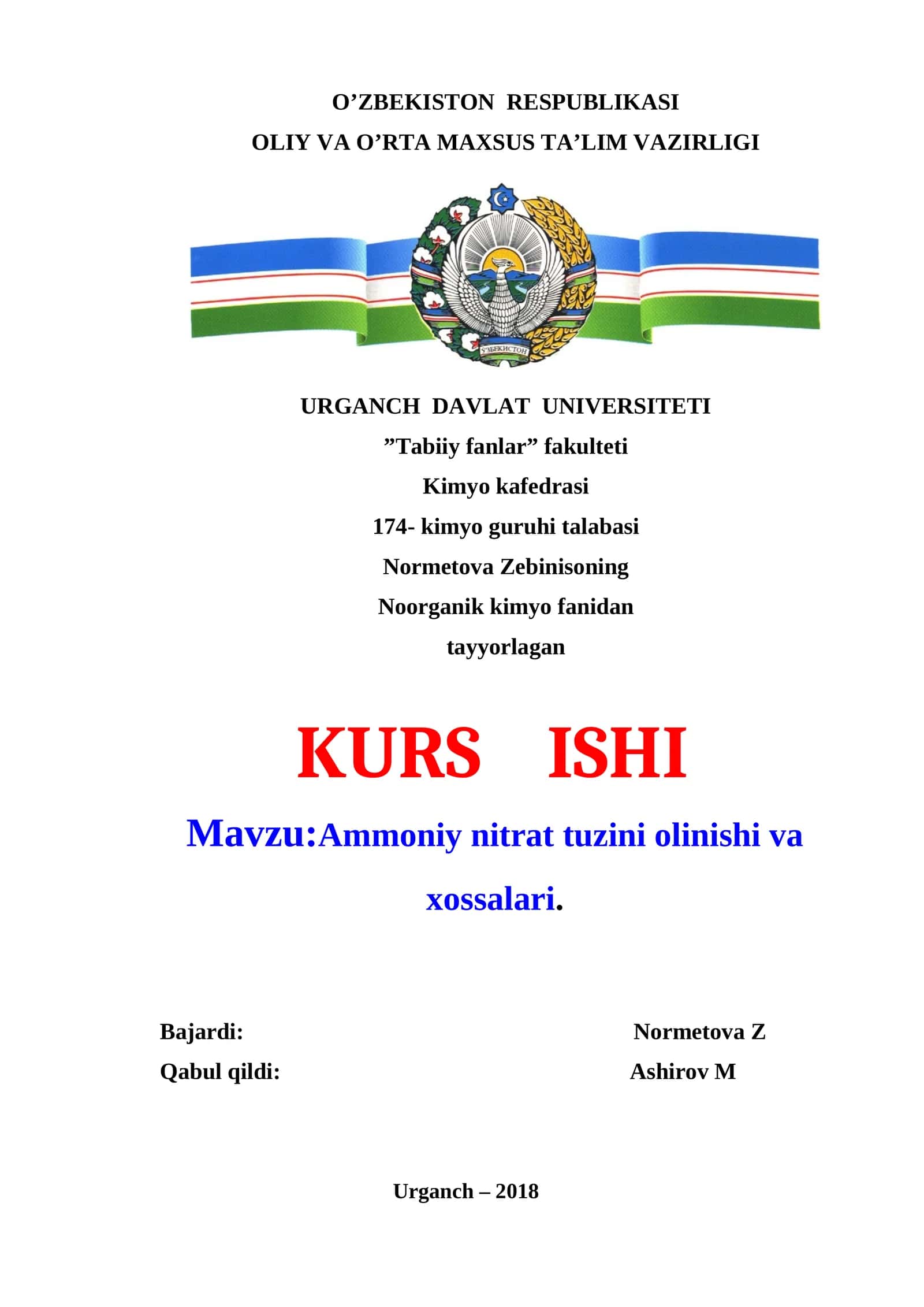 Ammoniy nitrat tuzini olinishi va xossalari 1