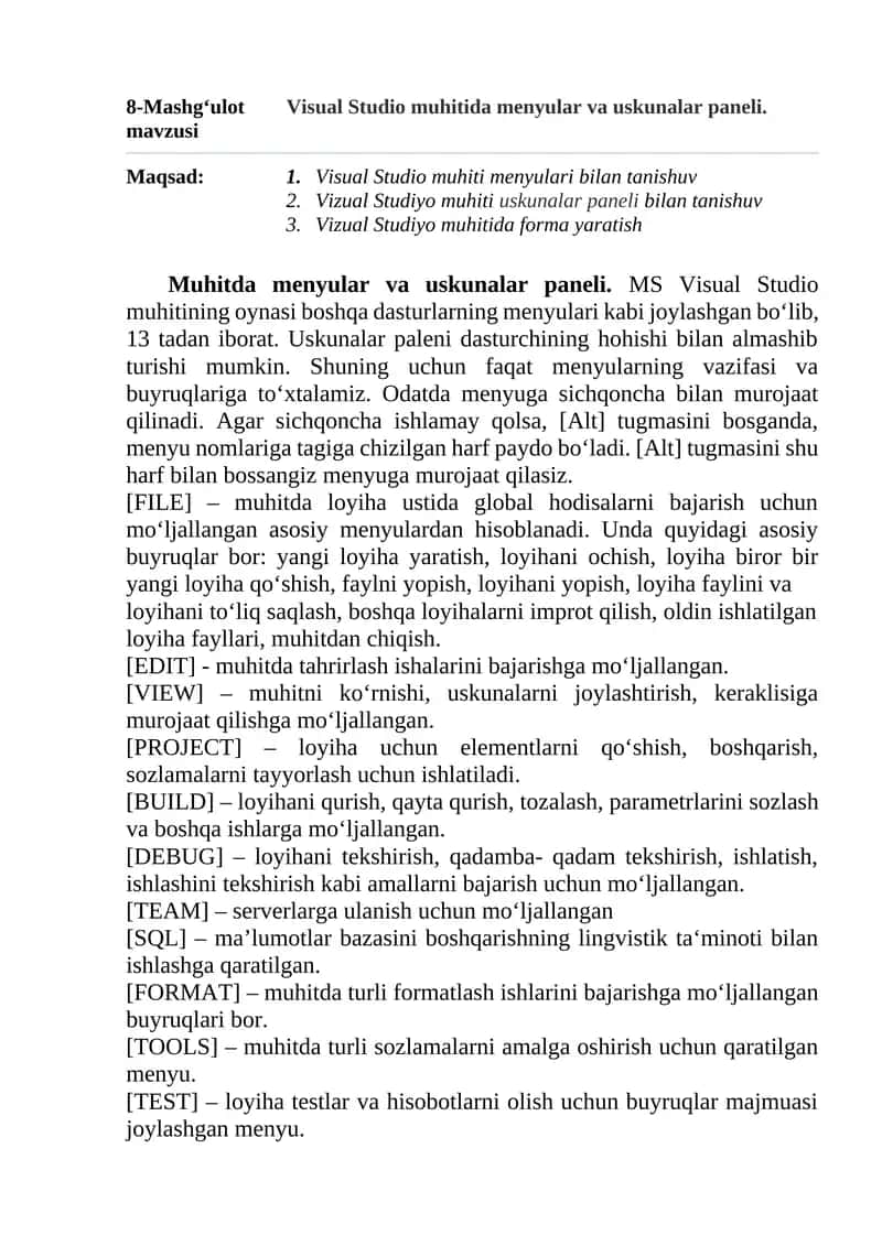 Visual Studio muhitida menyular va uskunalar paneli 1